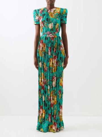 Andrew Gn - Floral-print Pleated Silk-satin Gown - Womens - Green Multi