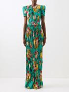 Andrew Gn - Floral-print Pleated Silk-satin Gown - Womens - Green Multi