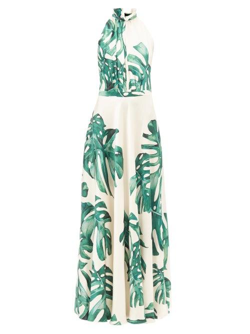 Raquel Diniz - Giovanna Leaf-print Silk Satin Dress - Womens - Green Multi