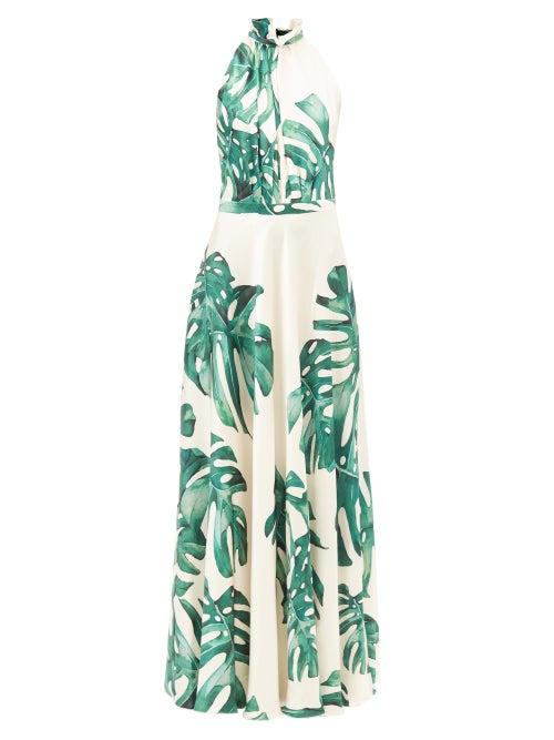 Raquel Diniz - Giovanna Leaf-print Silk Satin Dress - Womens - Green Multi