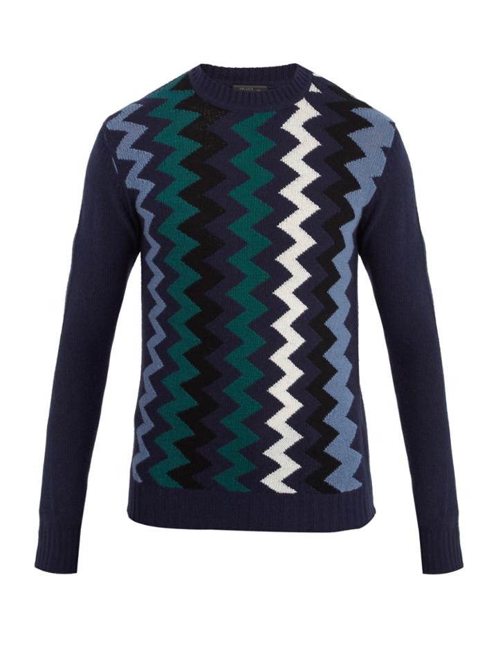 Prada Zigzag-intarsia Wool And Cashmere-blend Sweater