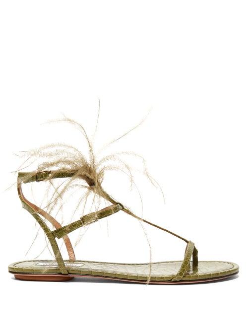 Matchesfashion.com Aquazzura - Ponza Feather Embellished Leather Sandals - Womens - Khaki