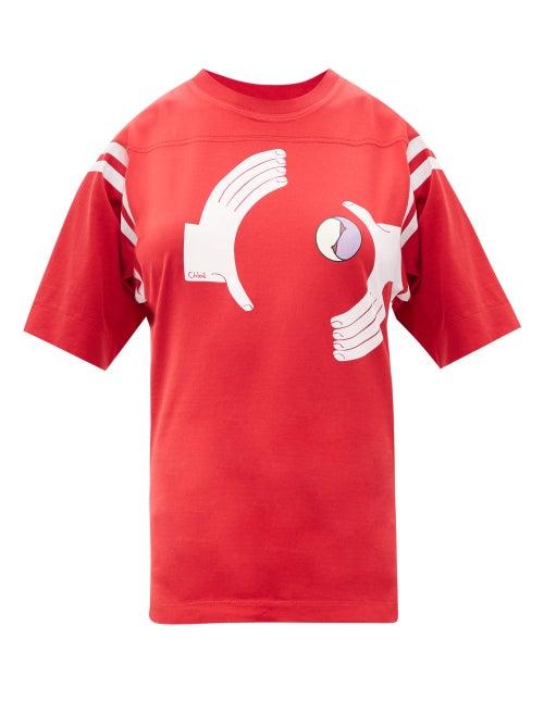 Matchesfashion.com Chlo - Hand-print Striped Organic Cotton-blend T-shirt - Womens - Red Print