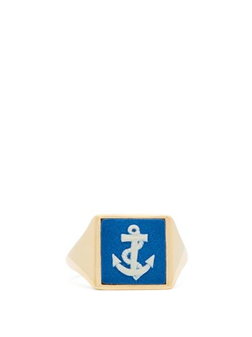 Matchesfashion.com Ferian - Wedgwood Ceramic Anchor & Gold Signet Ring - Womens - Blue