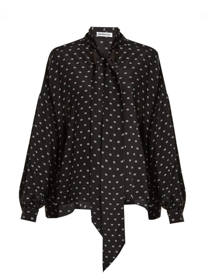 Balenciaga Bb-print Tie-neck Silk Blouse
