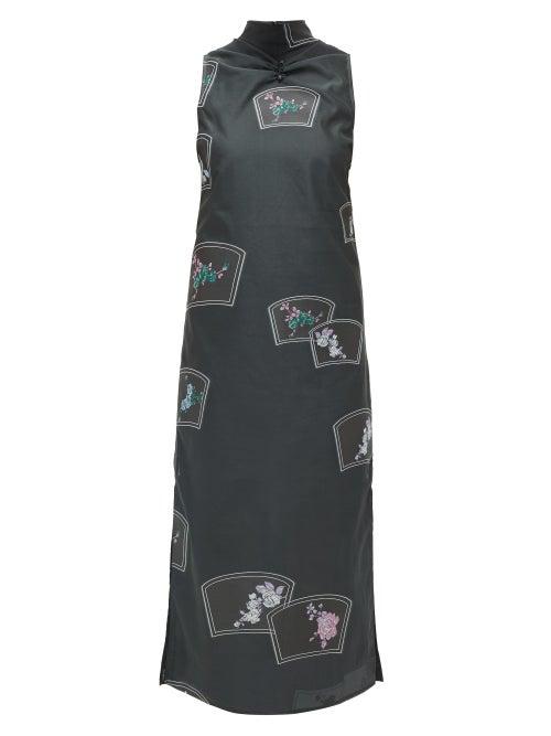 Matchesfashion.com Ganni - Ruched High-neck Floral-embroidered Midi Dress - Womens - Black