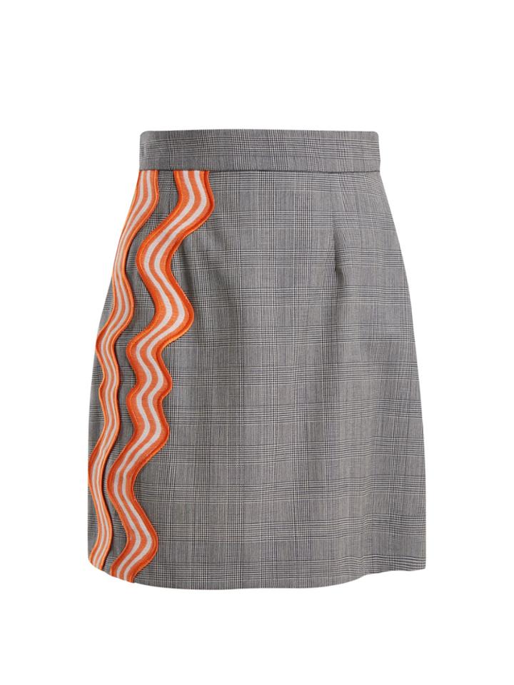 House Of Holland Checked Wave-appliqu Wool Skirt