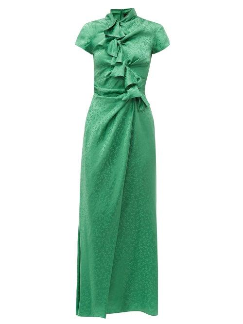 Matchesfashion.com Saloni - Kelly Foliage Jacquard Silk Satin Maxi Dress - Womens - Green