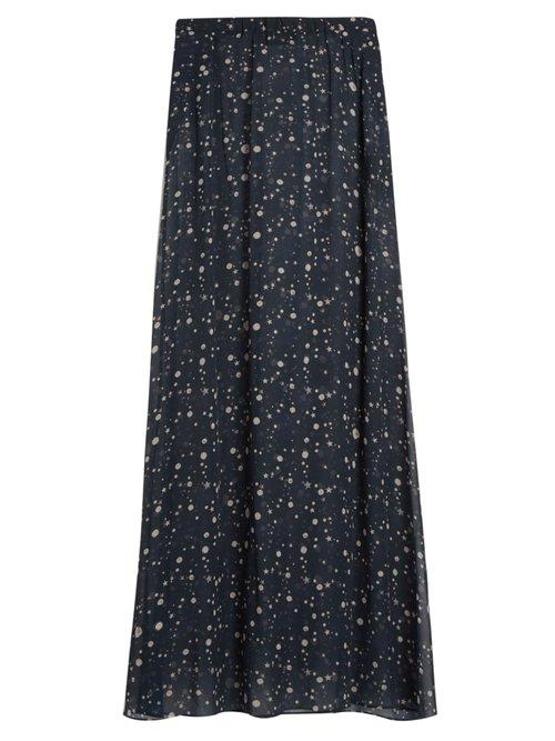 Matchesfashion.com Adriana Degreas - Constellation Print Silk Georgette Skirt - Womens - Navy Multi