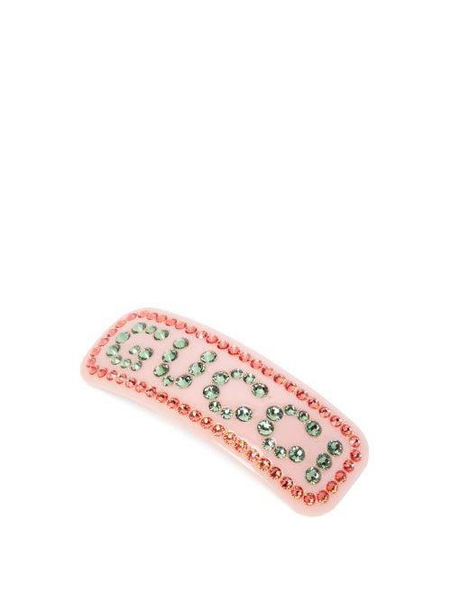 Matchesfashion.com Gucci - Crystal Logo Resin Hair Slide - Womens - Pink