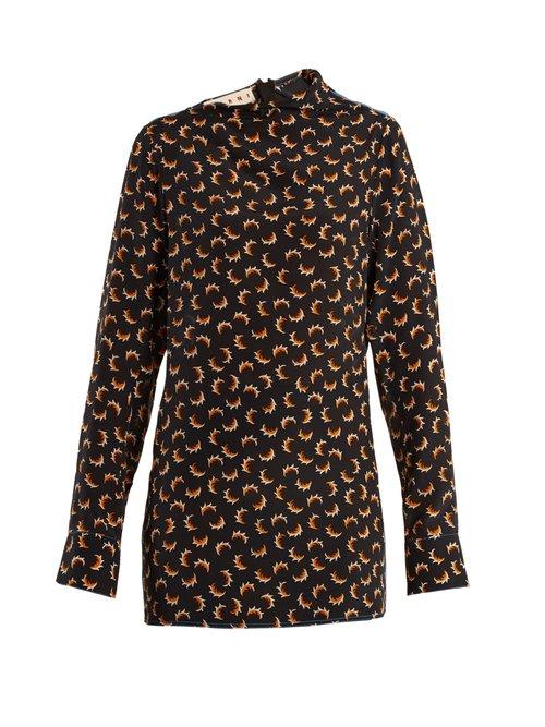 Matchesfashion.com Marni - Scrawl Print Asymmetric Neckline Silk Blouse - Womens - Charcoal Print