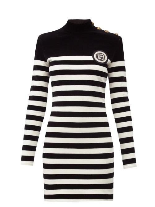Matchesfashion.com Balmain - Logo-appliqu Striped Velvet Mini Dress - Womens - Black White