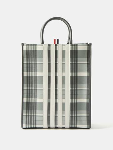 Thom Browne - Four-bar Check Grained-leather Tote Bag - Mens - Black White