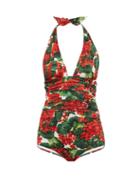 Matchesfashion.com Dolce & Gabbana - Portofino Halterneck Ruched Swimsuit - Womens - Red Print