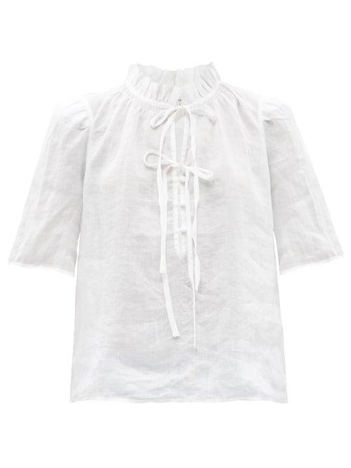 Frame - Drawstring-front Ruffle-neck Ramie Blouse - Womens - White