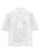 Frame - Drawstring-front Ruffle-neck Ramie Blouse - Womens - White