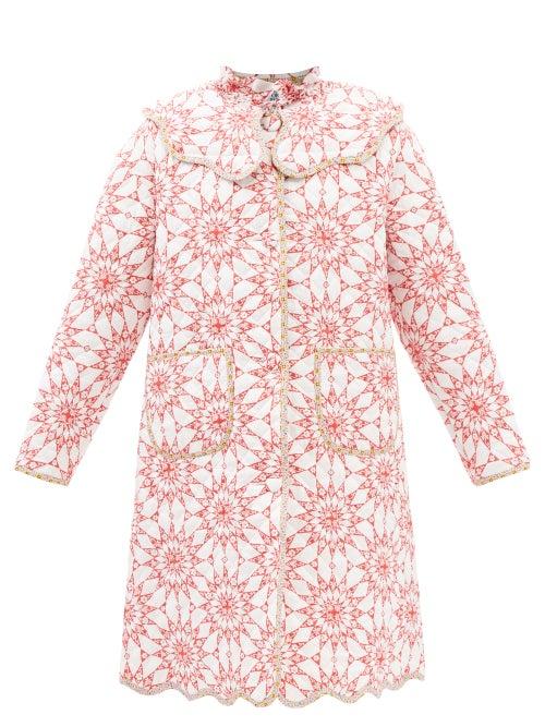 Horror Vacui - Natalie Versailles Scalloped Collar Cotton Coat - Womens - Red White
