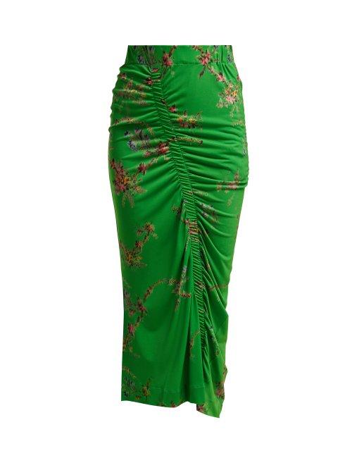 Matchesfashion.com Preen By Thornton Bregazzi - Tracy Floral Print Ruched Crepe Jersey Skirt - Womens - Green Multi