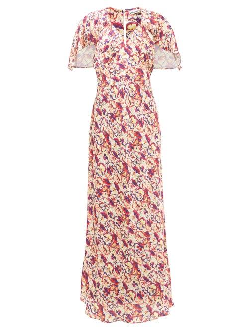 Paco Rabanne - Sunny Pansy Print Cape-sleeve Satin Dress - Womens - Pink Multi