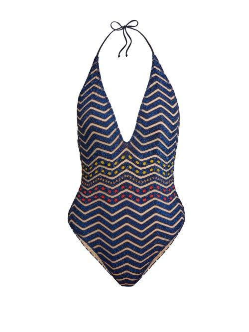 Matchesfashion.com Missoni Mare - Glitter Striped Knit Halter Neck Swimsuit - Womens - Blue Multi