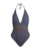 Matchesfashion.com Missoni Mare - Glitter Striped Knit Halter Neck Swimsuit - Womens - Blue Multi