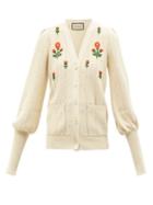 Gucci - Floral-embroidered Cotton-blend Cardigan - Womens - Ivory