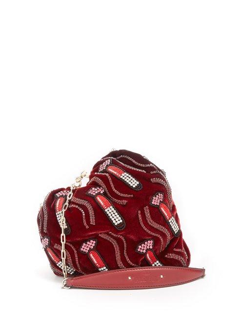 Matchesfashion.com Valentino - Carry Secrets Bead Embellished Heart Velvet Clutch - Womens - Burgundy Multi