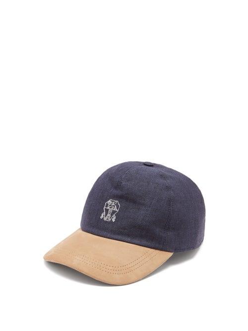 Matchesfashion.com Brunello Cucinelli - Crest-embroidered Denim And Suede Cap - Mens - Blue