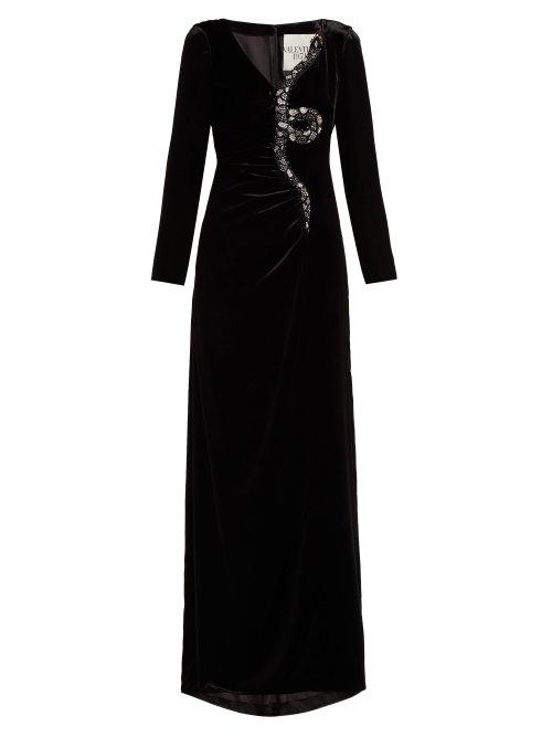 Matchesfashion.com Valentino - Crystal And Bead Embroidered Snake Velvet Gown - Womens - Black