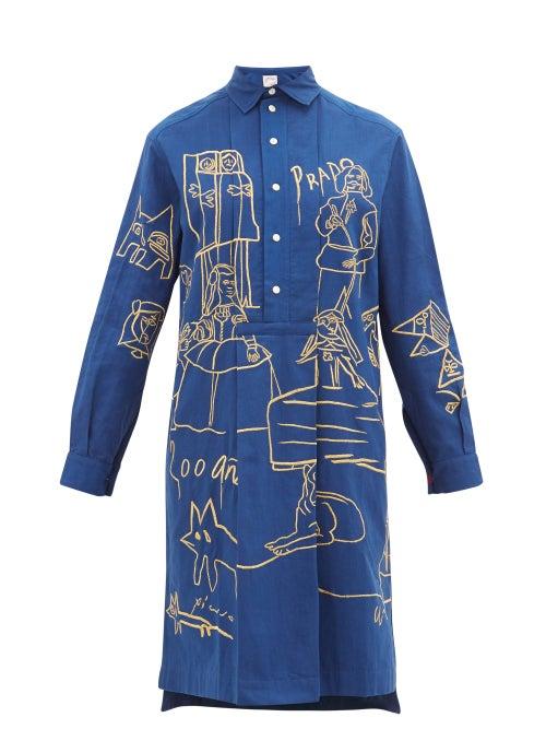 Matchesfashion.com Kilometre Paris - Madrid Embroidered Cotton Shirt Dress - Womens - Navy Print