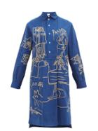 Matchesfashion.com Kilometre Paris - Madrid Embroidered Cotton Shirt Dress - Womens - Navy Print