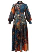 Matchesfashion.com Evi Grintela - Elsa Patchwork Print Silk Maxi Shirt Dress - Womens - Blue Print