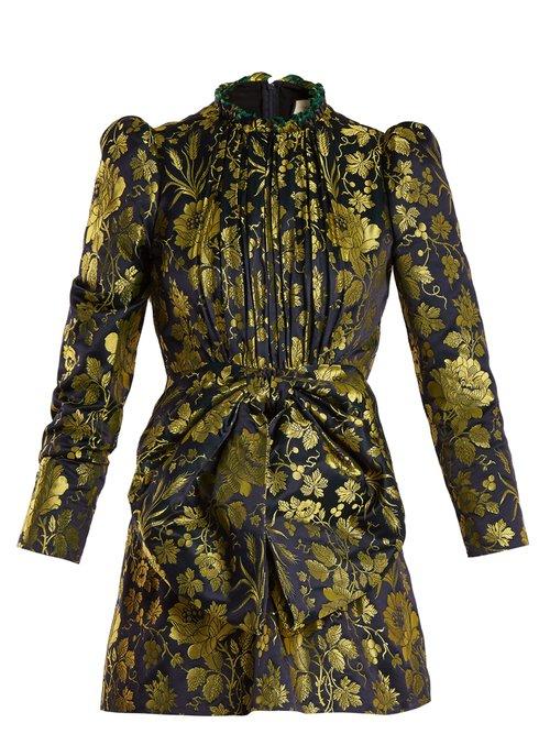 Matchesfashion.com Gucci - Romantic Flower Jacquard High Neck Dress - Womens - Gold Multi