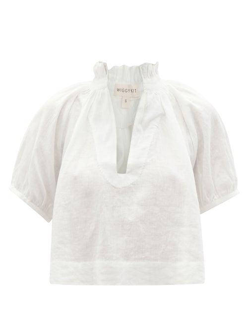 Ladies Beachwear Wiggy Kit - Indo Ruffled Stand-collar Linen Blouse - Womens - White