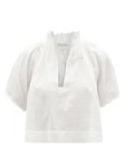 Ladies Beachwear Wiggy Kit - Indo Ruffled Stand-collar Linen Blouse - Womens - White