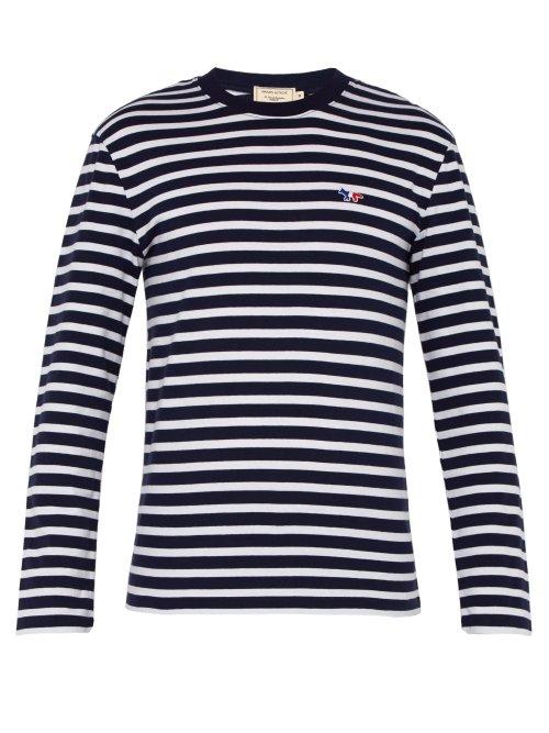Matchesfashion.com Maison Kitsun - Fox Appliqu Striped Long Sleeved Cotton T Shirt - Mens - Navy White