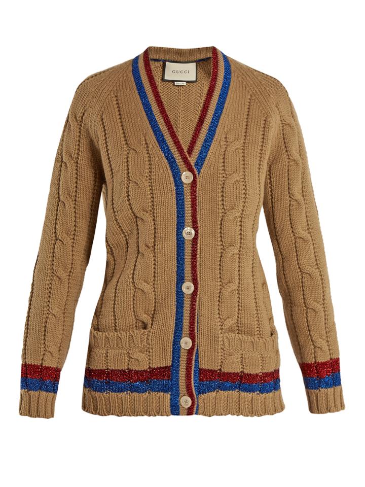 Gucci Web-striped Cable-knit Wool Cardigan