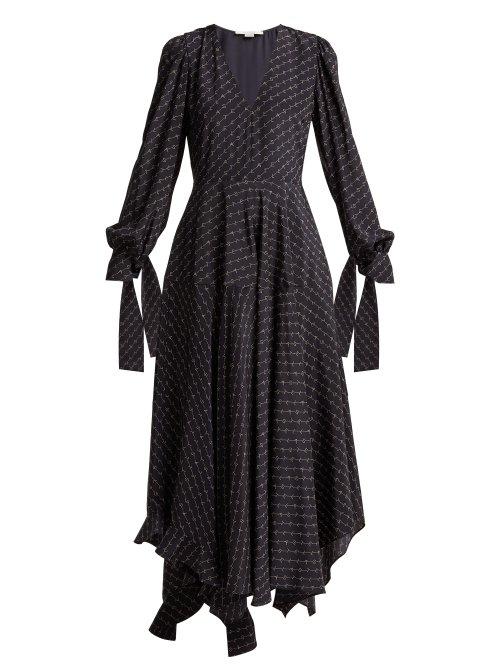 Matchesfashion.com Stella Mccartney - Logo Printed Asymmetric Silk Midi Dress - Womens - Navy