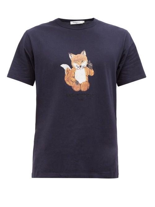 Maison Kitsun - All Right Fox-print Cotton-jersey T-shirt - Mens - Navy