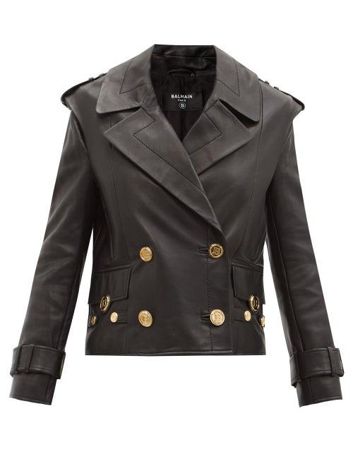 Matchesfashion.com Balmain - Oversized Double-breasted Leather Pea Coat - Womens - Black