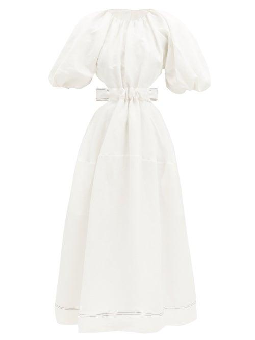 Matchesfashion.com Aje - Mimosa Puff-sleeved Cutout Linen-blend Midi Dress - Womens - White