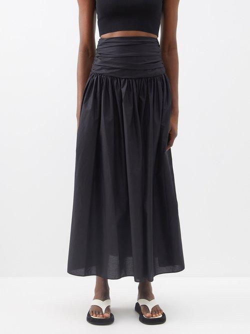 Matteau - Ruched Organic-cotton Maxi Skirt - Womens - Black