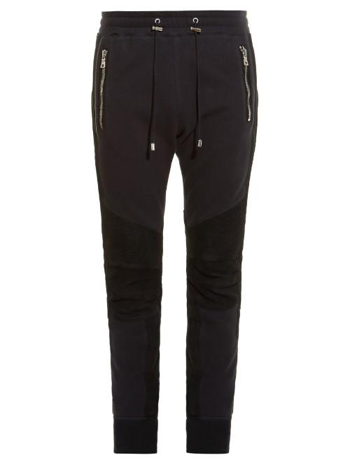 Balmain Biker Ribbed-panel Cotton And Suede Track Pants
