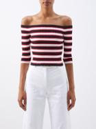 Valentino - Off-the-shoulder Striped Cotton-blend Sweater - Womens - Navy Stripe