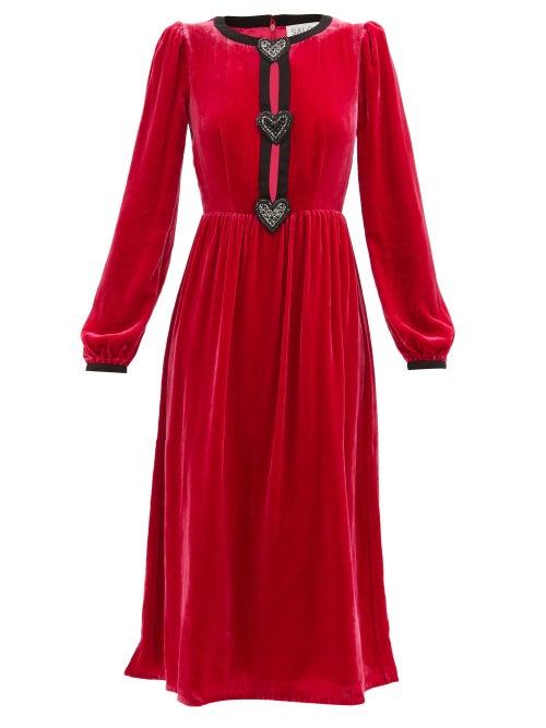 Saloni - Camille Heart-embellished Velvet Dress - Womens - Red