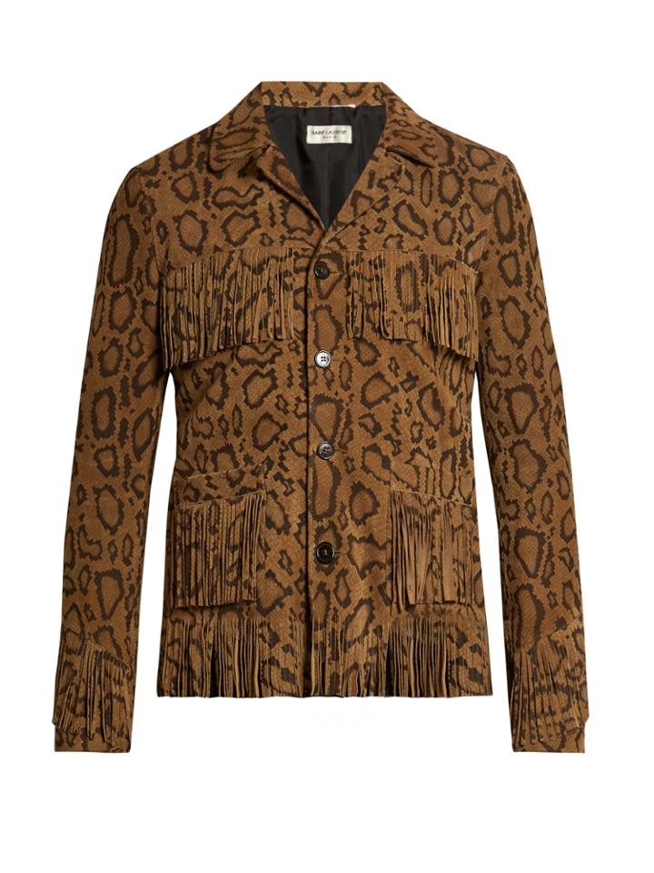 Saint Laurent Fringed Reptile-effect Suede Jacket