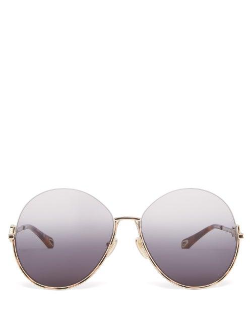 Chlo - Sofya Half-rim Round Metal Sunglasses - Womens - Blue Gold
