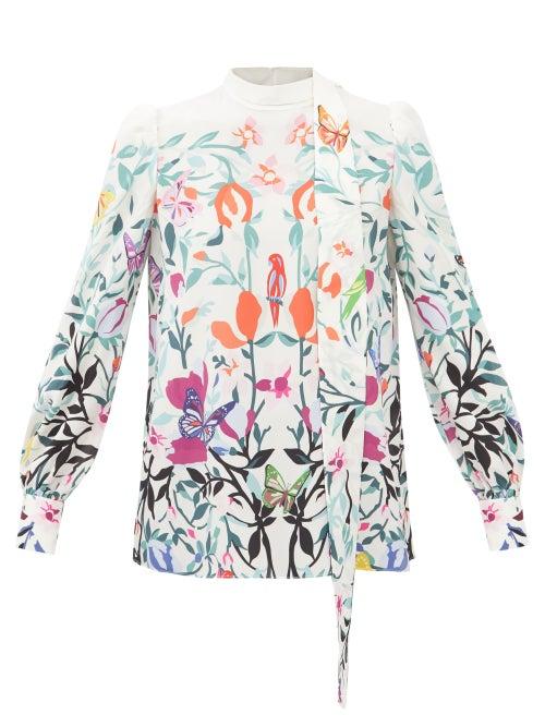 Valentino - Garden-print Silk Crepe De Chine Top - Womens - White Multi