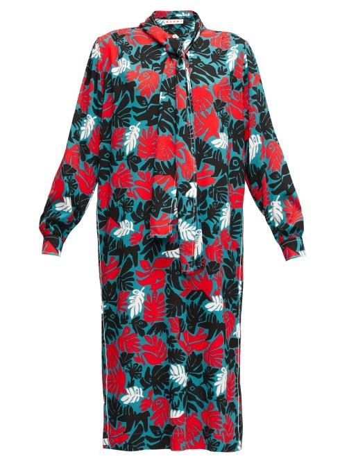 Matchesfashion.com Marni - Pussy-bow Leaf-print Crepe Midi Dress - Womens - Green Multi