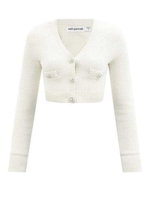 Self-portrait - Faux-pearl And Crystal Button Cardigan - Womens - Ivory